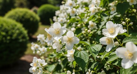 Fototapeta premium Fragrant Jasmine Blossoms in a Lush Garden Setting.