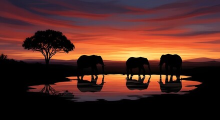 Fototapeta premium Elephants drinking at waterhole during a vibrant african sunset