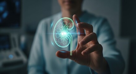 Medical professional holding a glowing digital illustration of a human kidney, symbolizing health and medical innovation