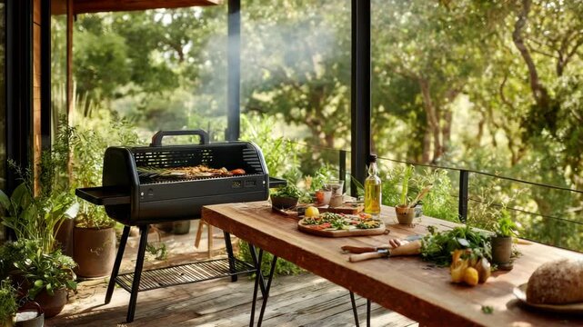 Outdoor Grilling Scene with Black Grill and Wooden Table on Porch Overlooking Greenery in Soft Natural Light Ideal for Culinary and Lifestyle Content