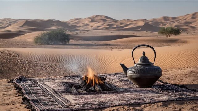 Desert campfire with teapot and rug outdoor scene in sunlight
