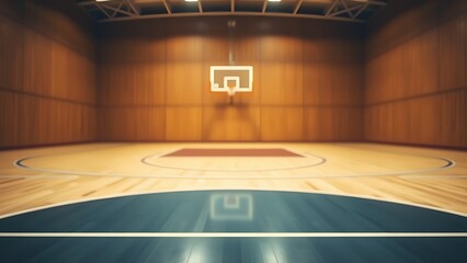 A basketball court basks in golden gym lighting, focusing on a solitary hoop with blurred motion.