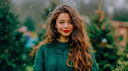 A woman with long brown hair and red lipstick is smiling at the camera while wearing a green sweater and standing in front of a snowy forest