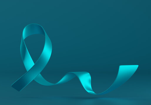 3d Teal Ribbon. Ovarian and Cervical Cancer Awareness Month Campaign. Uterus, Female Reproductive System, Women's Health, PCOS and Gynecology. Horizontal Web Banner. 3d rendering
