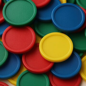 Bright Colorful Plastic Game Tokens and Counters Close-Up Background