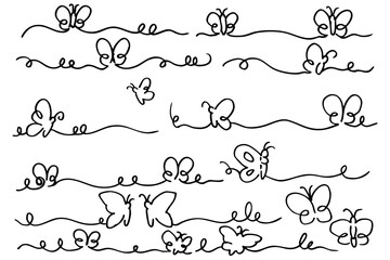 蝶の手描きライン装飾セット｜ペン画・アンダーライン素材