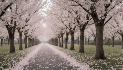 Naklejka premium A long, straight path is lined with cherry blossom trees in full bloom, creating a tunnel