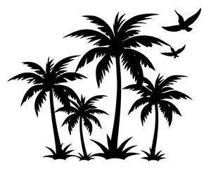 Tropical palm trees and birds silhouette vector illustration isolated on white background