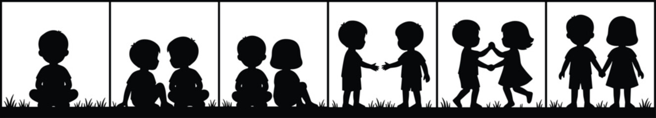 Silhouette children friendship evolution from loneliness to bonding, emotional connection, social growth, playful interaction, companionship, relationship development vector illustration