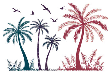 Tropical palm trees and birds silhouette vector illustration isolated on white background