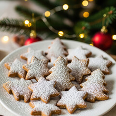 Sweet Christmas Dessert with Star and Tree Shaped Cookies.