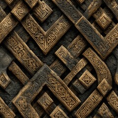 Seamless pattern of interlocking Viking runes in weathered bronze and black ancient Norse style