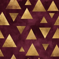Seamless pattern of metallic gold foil triangles on a deep burgundy background luxe and modern