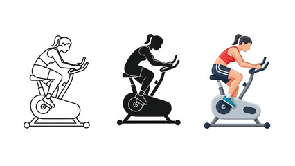Obraz premium Set of three illustrations showing a woman exercising a stationary exercise bike in outline, silhouette and full color style
