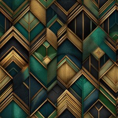 Seamless pattern of Art Deco-inspired chevrons in black gold and emerald luxurious and bold