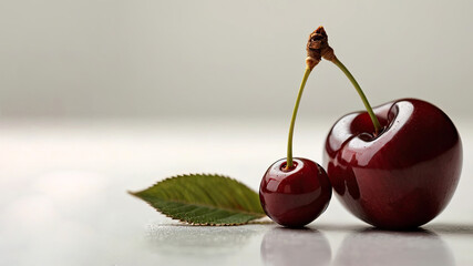 Fresh red cherries with vibrant green leaves are placed on a reflective surface, highlighting their natural beauty and freshness in a minimalistic setting