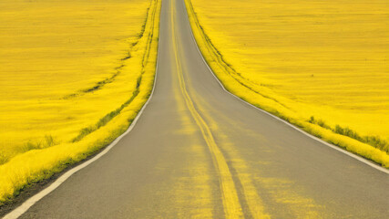 Scenic road stretching through vibrant yellow fields under clear sky