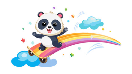 A happy cartoon panda zooming on a rainbow-colored skateboard through fluffy clouds, sparkling sky trails, magical cheerful energy all around.