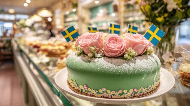 Swedish Princess cake decorated with roses in a bakery display