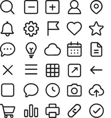 Collection of minimalist black line icons representing various functions and symbols for user interface design and app development perfect for web design projects