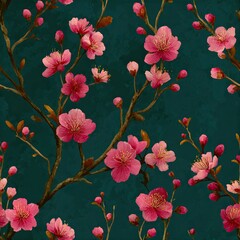 Graceful branches sprouting delicate blossoms unfolding naturally into a lush botanical seamless pattern