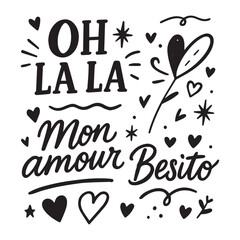 Romantic French & Spanish Lettering Set. Cute doodle composition with hearts, stars and love messages