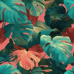 Seamless pattern of tropical palm leaves in vibrant teal and coral retro Hawaiian vibe