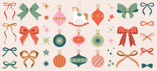 Christmas ornaments. Trendy minimalist geometric style. Merry Christmas. Cartoon, flat vector illustration. Xmas background. Patterns: stripes, stars, sparkles. Christmas tree decor. Winter, december