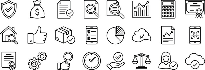 Business and finance line icon set featuring analytics, verification, security, reports, delivery tracking, cloud data, and professional management symbols for modern workflows