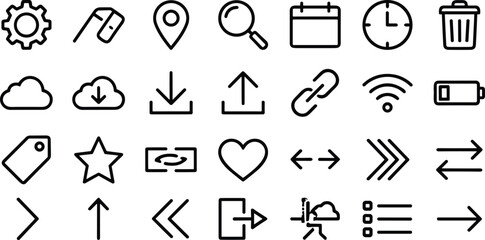 Clean minimal line icon set featuring settings, cloud storage, navigation arrows, links, wireless signals, calendar, battery, and essential interface symbols