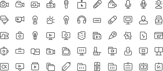 Comprehensive line art media icon set featuring cameras, microphones, video tools, editing symbols, and digital content elements for modern creative and multimedia design projects