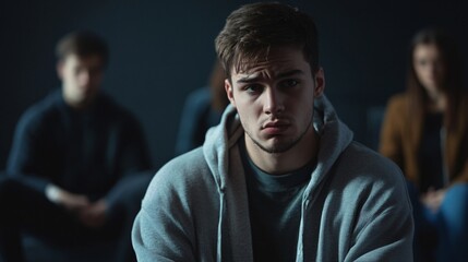 Obraz premium Distressed Young Man in Counseling Session