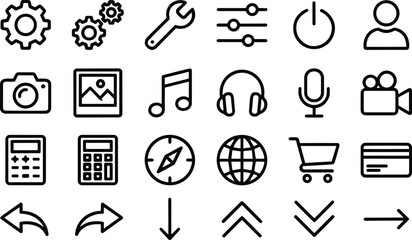 Modern minimal line icon set featuring settings tools, multimedia symbols, communication elements, navigation arrows, shopping icons, and essential interface graphics for digital projects