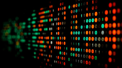 A close-up of a digital display showing a pattern of binary digits in various colors