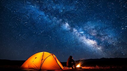 A lone camper enjoys the breathtaking spectacle of the milky way galaxy stretching across a clear night sky above a glowing orange tent and a crackling campfire