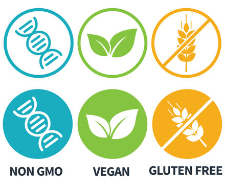 Non-GMO, Vegan, Gluten-Free Icons &ndash; Healthy Organic Food Labels for Natural Product Packaging and Nutrition Branding