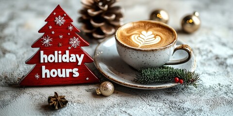 Holiday Hours Sign with Latte & Christmas Decor, Cozy Festive Style Commercial Material, Cafe Promotion Poster & Banner, Social Media Festive Post