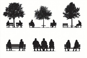 Set people silhouettes sitting on benches urban park scene isolated on white minimalist style full black silhouettes isolated on white background