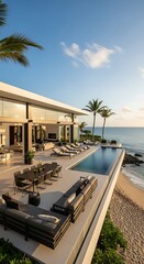 Fototapeta premium Luxury beachfront villa with infinity pool and ocean view.
