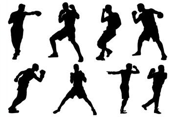 Set man people silhouettes A group of men in different action poses like boxing and climbing high-contrast full black silhouettes isolated on white background