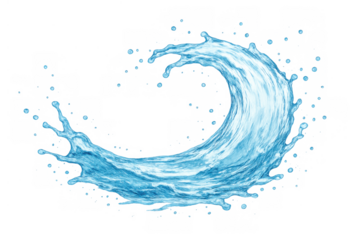 Fresh blue water splash creating a dynamic swirling wave with many droplets, representing liquid motion, purity, and refreshment
