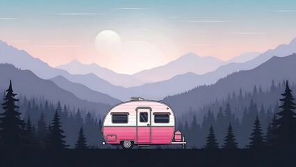 Retro pink travel trailer parked in a serene mountain landscape at sunset with a full moon rising above the misty peaks and pine trees