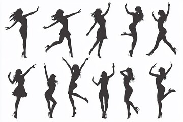 Set of woman people silhouettes dynamic poses modern minimalism clean lines elegant and diverse figures full black silhouettes isolated on white background