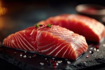 Photorealistic closeup of raw salmon fillet on a dark stone surface