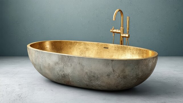 Luxurious oval stone bathtub with hammered gold interior and matching faucet on pale concrete floor against blue textured wall, concept of boutique hotel spa design