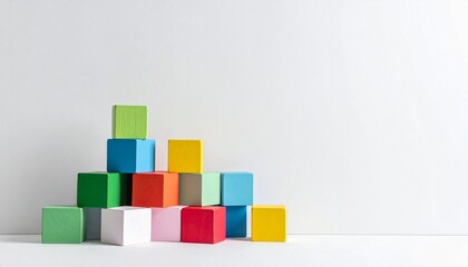 Obraz premium A grid of colorful 3D cubes in red, yellow, blue, and green, protruding at various depths on a white background.