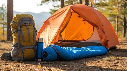Orange camping tent set up in a forest clearing with a large backpack sleeping bag and thermos ready for an outdoor adventure and overnight stay