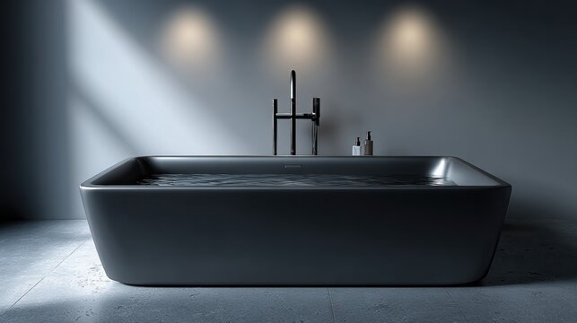 Sleek black freestanding bathtub with rippling water under soft spotlights in dark minimalist bathroom, concept of luxury spa relaxation - Powered by Adobe