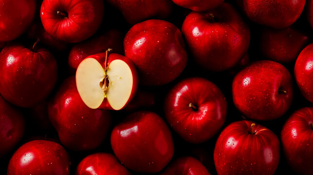A close-up photograph of a large pile of red apples with a single apple cut in half revealing its white interior