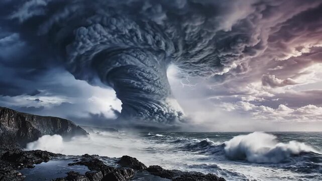 Massive Tornado Forms Over Stormy Ocean and Rugged Coastline